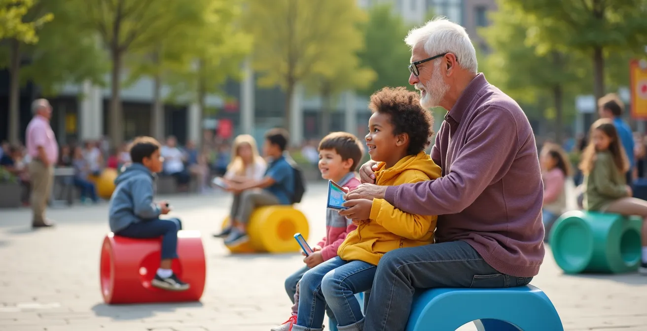Citoyens interagissant autour d’un mobilier urbain inclusif en milieu public