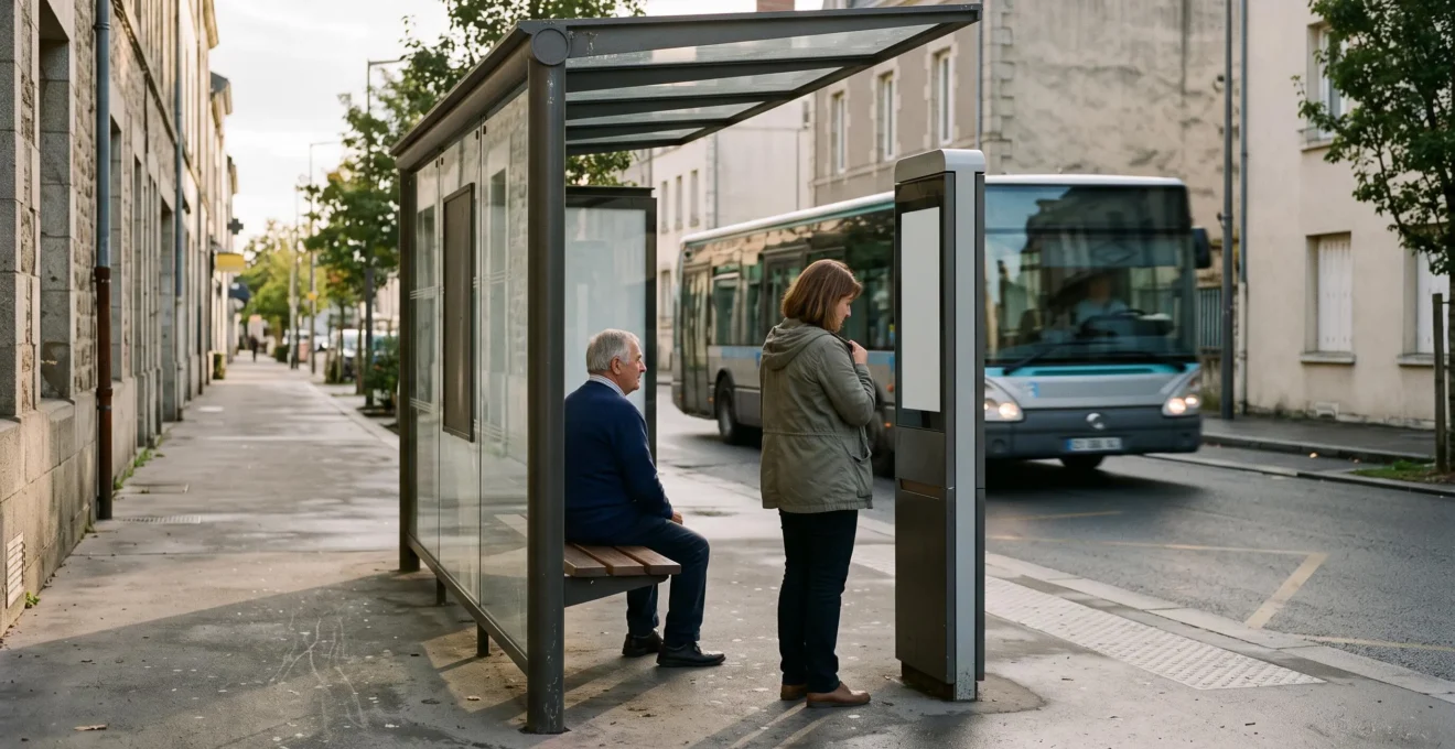 Voyageurs attendant dans un abri de bus équipé d'un banc et d'un panneau d'information dans une rue urbaine française.