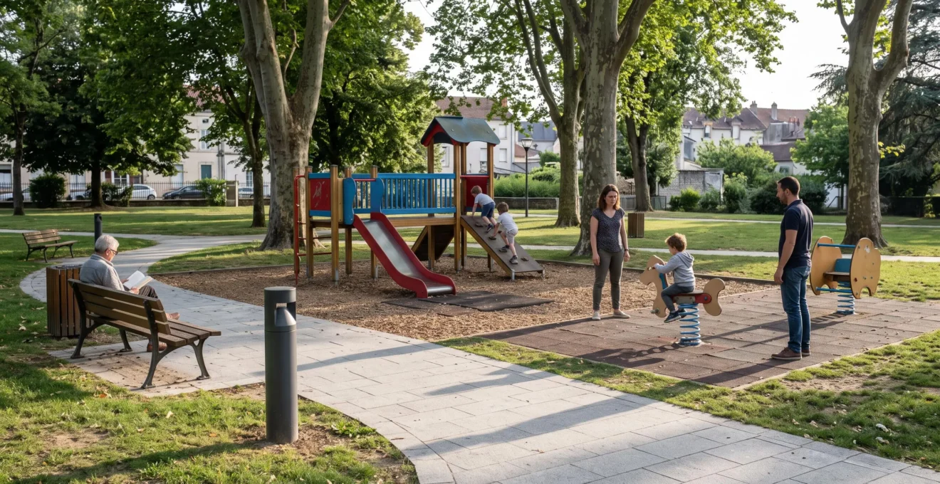 Une aire de jeux publique dans un parc urbain français, avec des enfants en activité et des parents à proximité, un banc et un lampadaire le long du chemin.