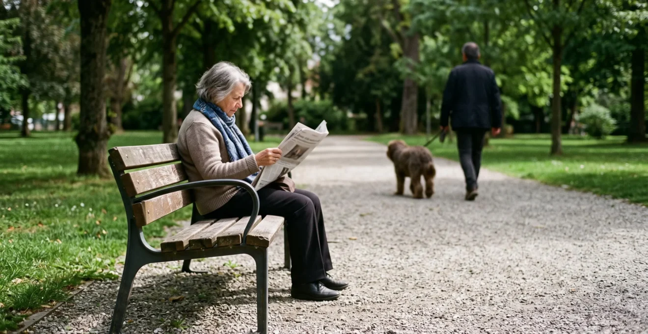 Femme assise lisant un journal sur un banc public en bois et métal dans un parc urbain français.