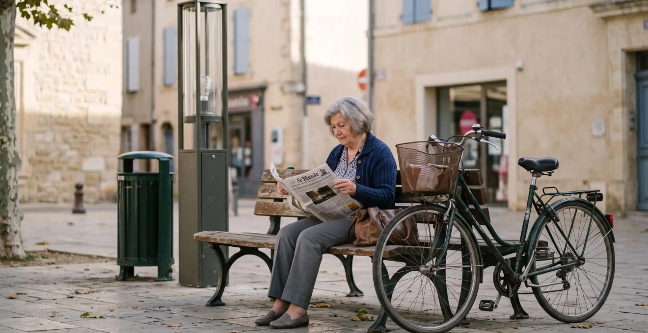 Une femme assise sur un banc urbain en bois dans une place de ville française, avec un lampadaire et une poubelle publique à proximité.