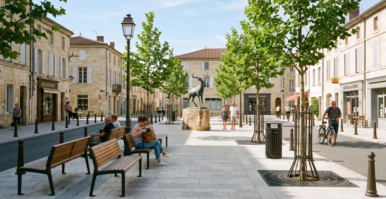 Place publique française aménagée avec des bancs, des lampadaires, des poubelles intégrées et une sculpture décorative au centre.