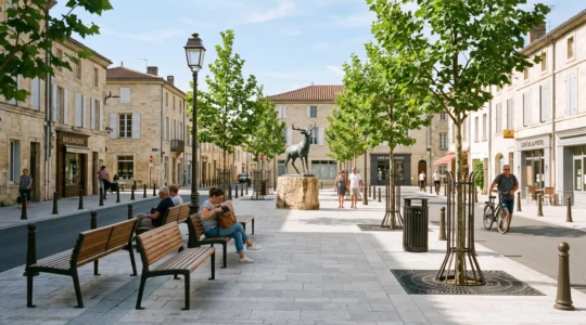 Place publique française aménagée avec des bancs, des lampadaires, des poubelles intégrées et une sculpture décorative au centre.
