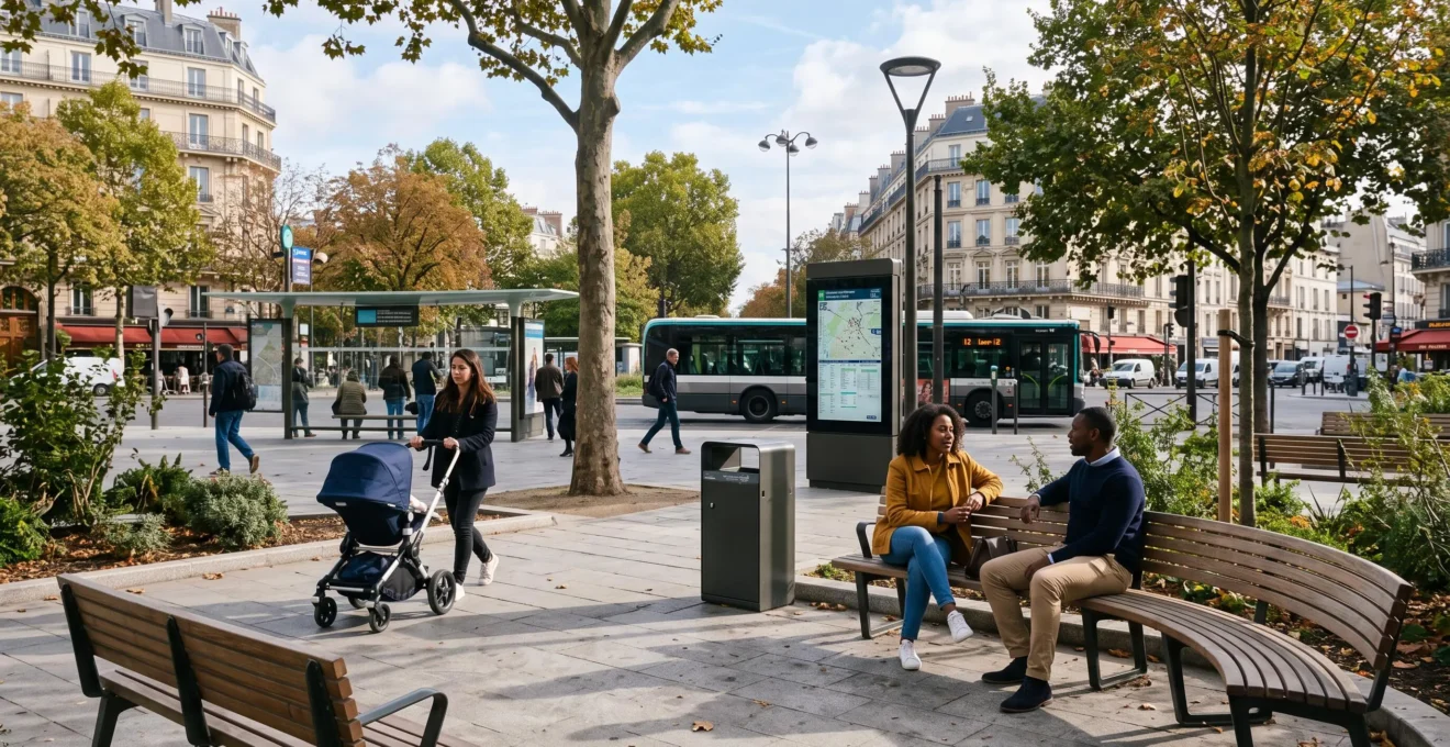 Place urbaine française aménagée avec bancs publics en bois, poubelle, panneau d'information, lampadaire et abri bus, avec des usagers assis et circulant.