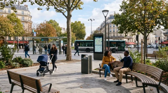 Place urbaine française aménagée avec bancs publics en bois, poubelle, panneau d'information, lampadaire et abri bus, avec des usagers assis et circulant.