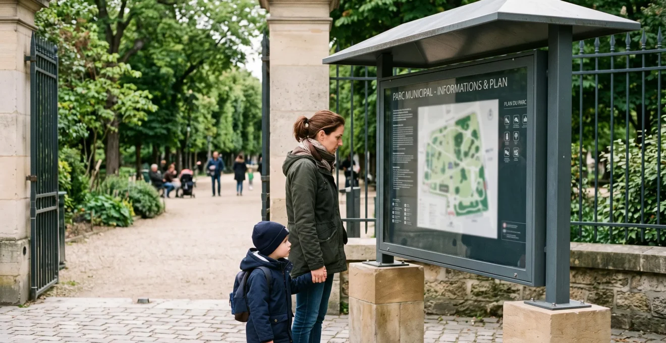Femme et enfant consultant une vitrine d'affichage à l'entrée d'un parc public français.